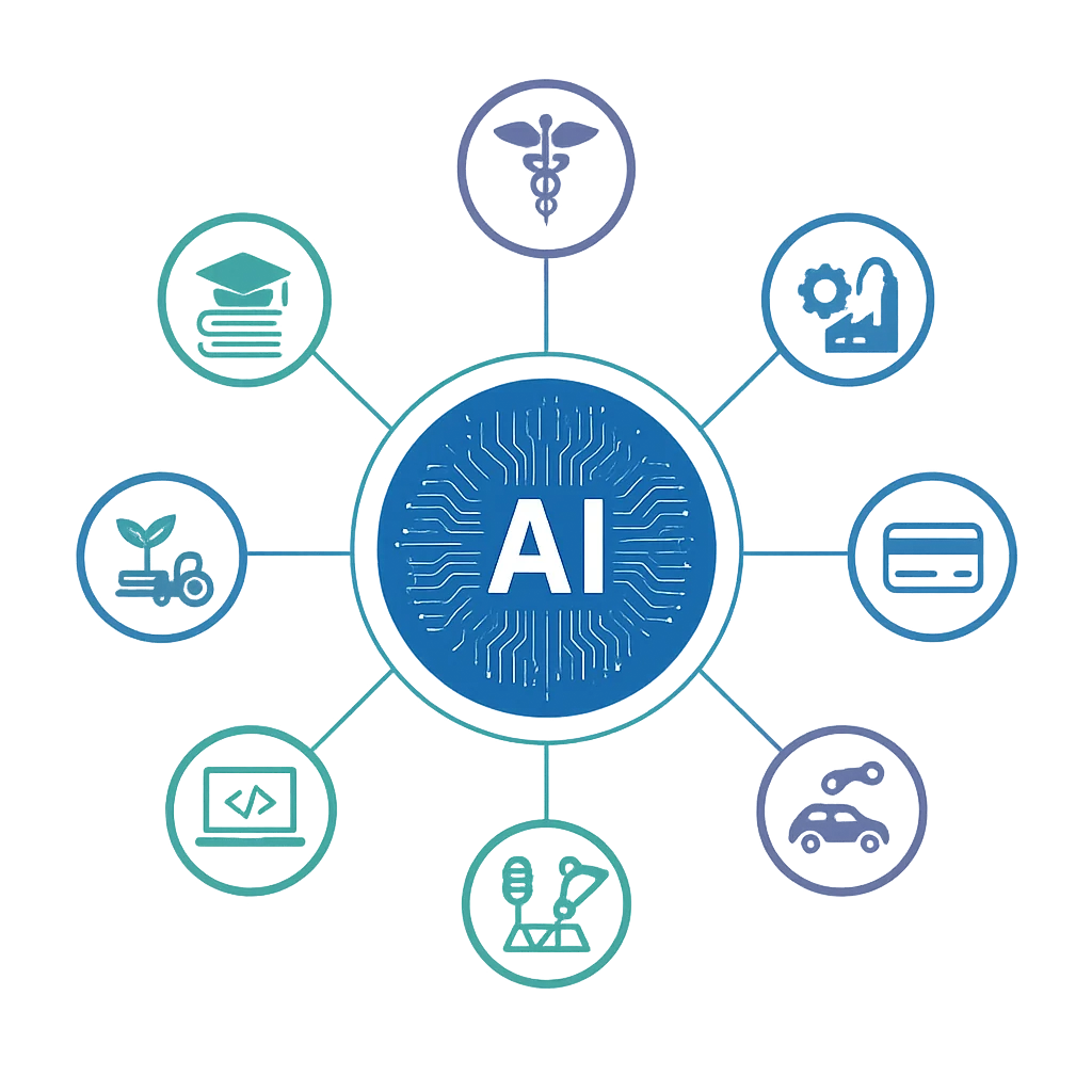 AI is used across many industries including healthcare, finance, education, transportation, and more