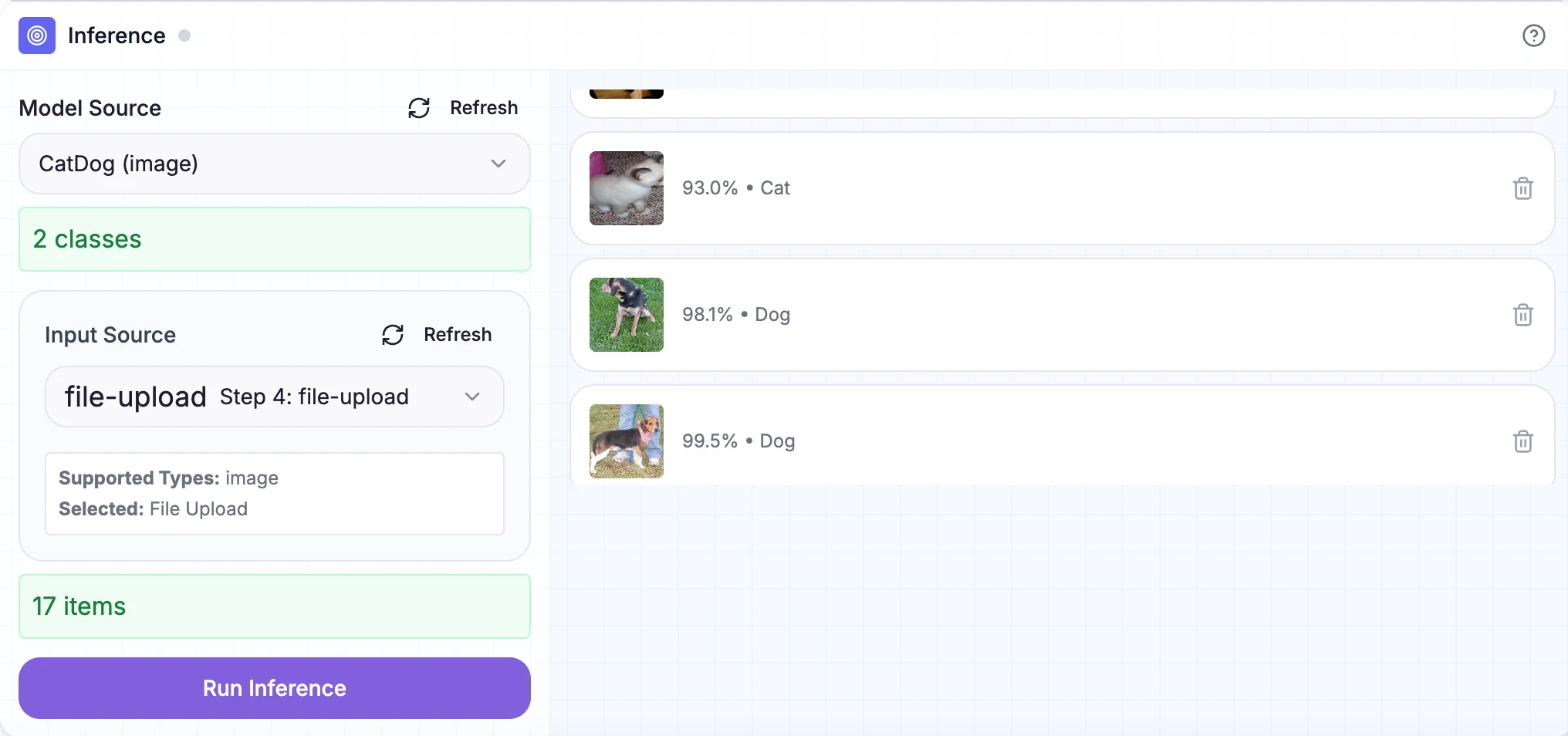 Inference block in app mode showing cat vs dog classification with confidence scores