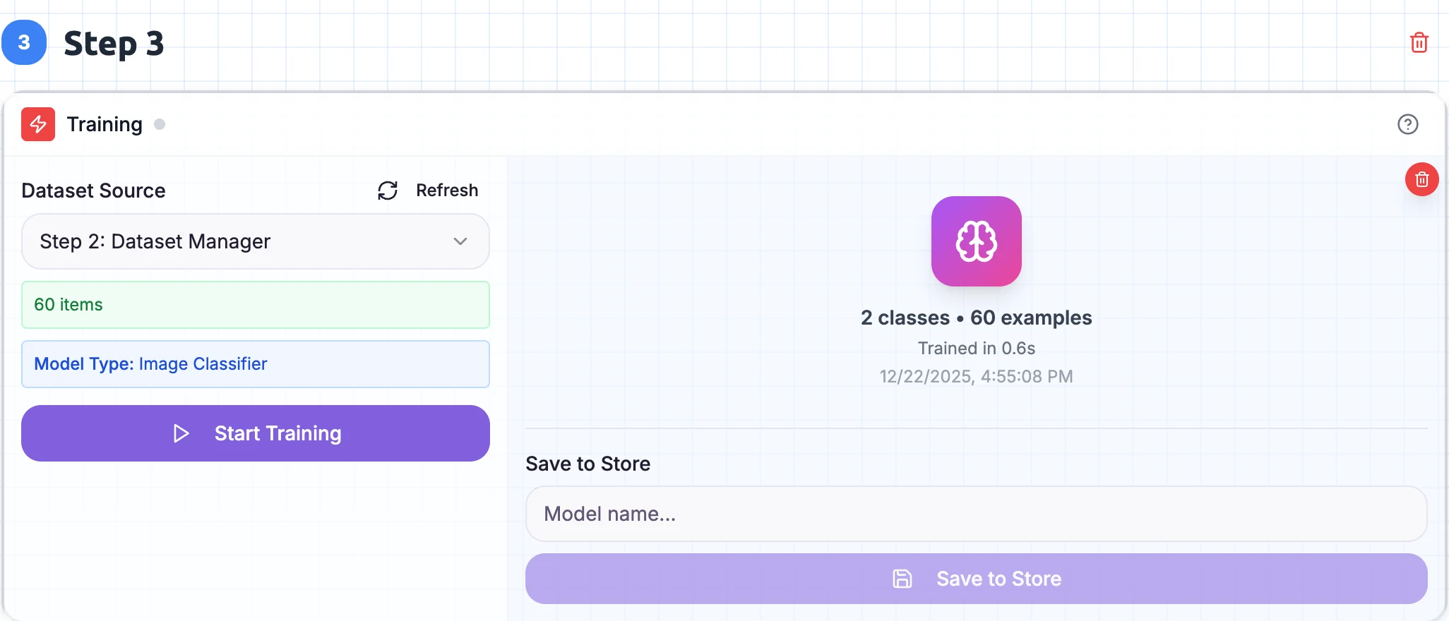 Training block showing model training progress with accuracy metrics