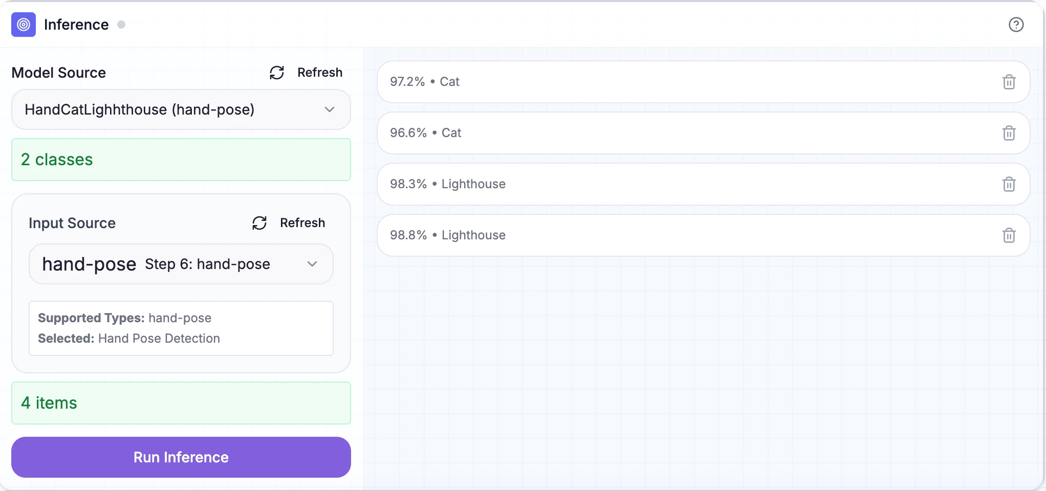 Inference block in app mode showing real-time recognition of custom cat and lighthouse hand signs