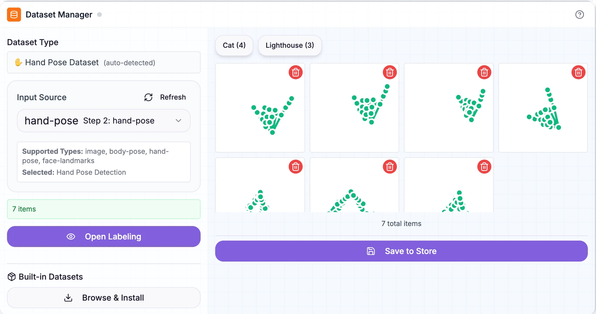 Dataset Manager showing labeled custom hand signs for cat and lighthouse