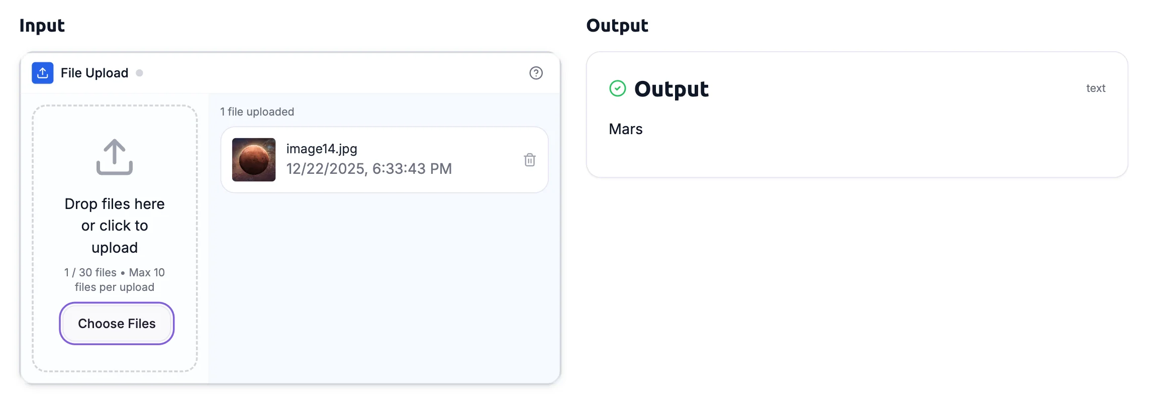 Inference block in app mode showing planet classification results with confidence scores