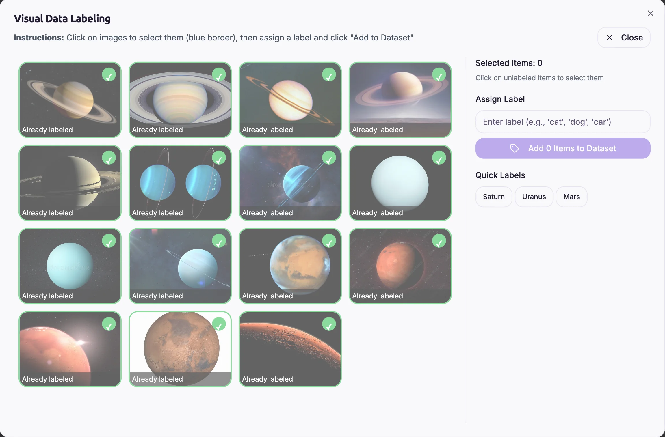Dataset Manager showing labeled planet images organized by category