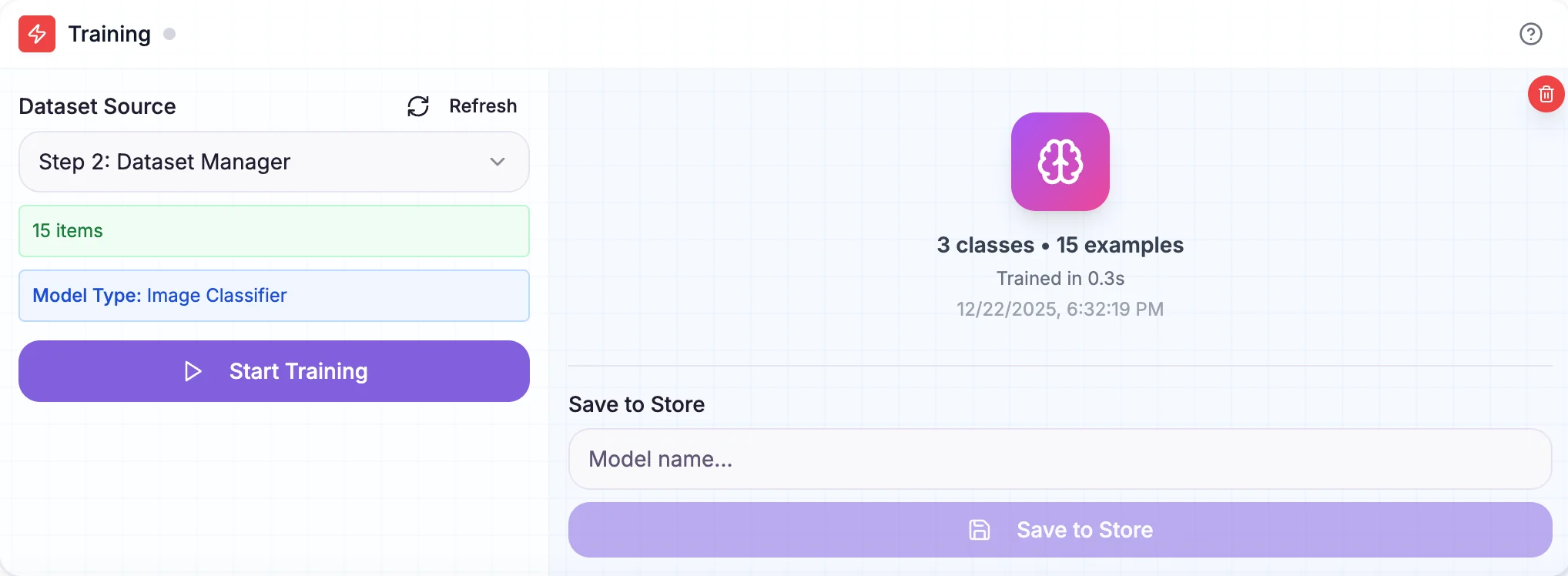 Training block showing model training progress with accuracy metrics
