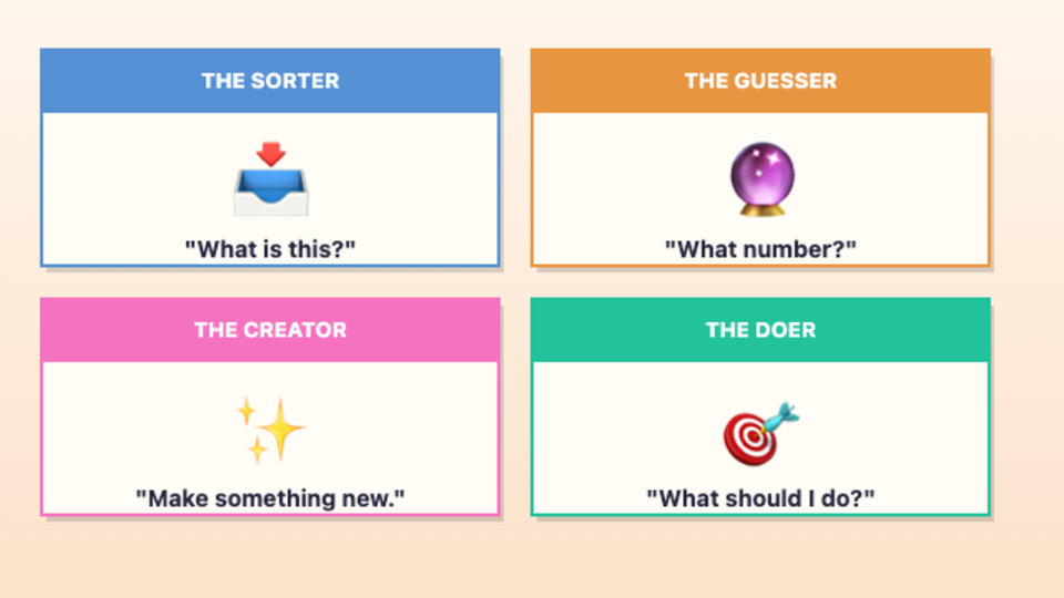 Different Kinds of AI — interactive video lesson: Sorter, Guesser, Creator, Doer. Same engine, different questions.
