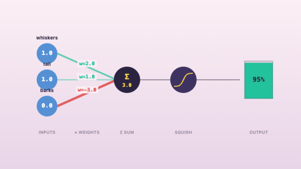 A Single Neuron — interactive video lesson: Inputs, weights, a squish — that's a neuron.